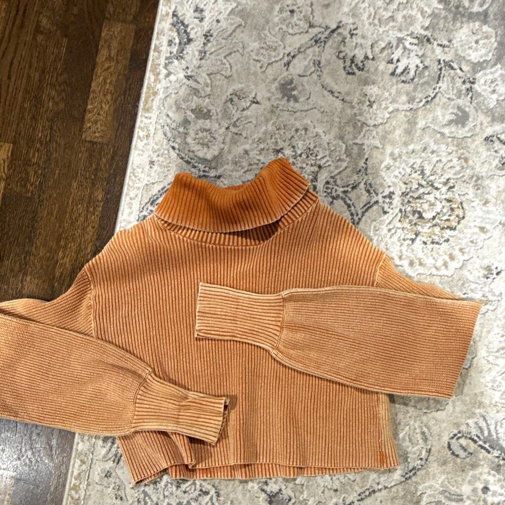 Free People Brown Rib-Knit Turtleneck Long Sleeve Cropped Pullover Sweater S